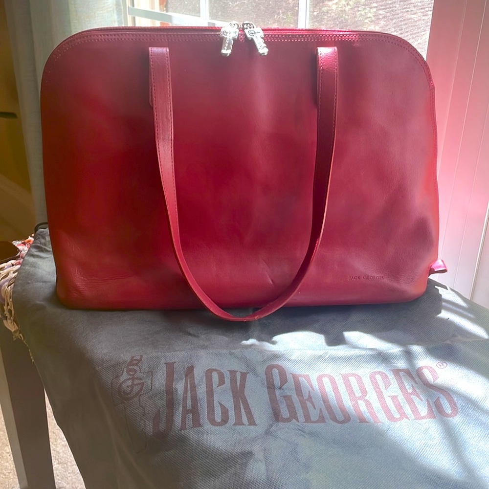 JACK GEORGES Red Italian Leather Laptop Shoulder Bag Dome Zip-Around Briefcase.